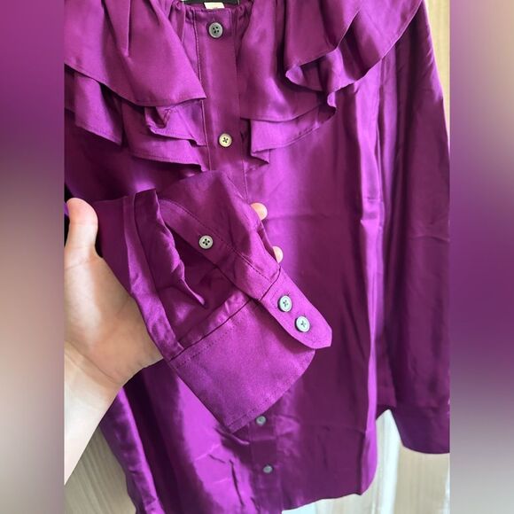 J. Crew Collection Blouse Women's XS Purple Ruffled Silk Button Down Preppy - Picture 3 of 7